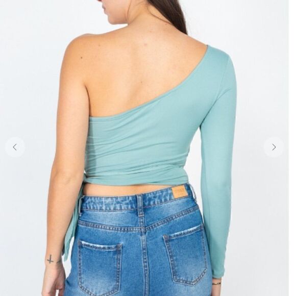 Wrap Around One Shoulder Tie Waist Top  Long Sleeve Trendy Aqua - Picture 3 of 3